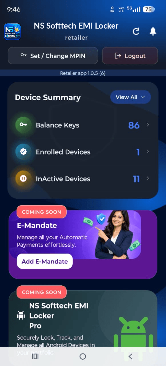 EMI Locker device summary with balance keys, enrolled devices and inactive devices