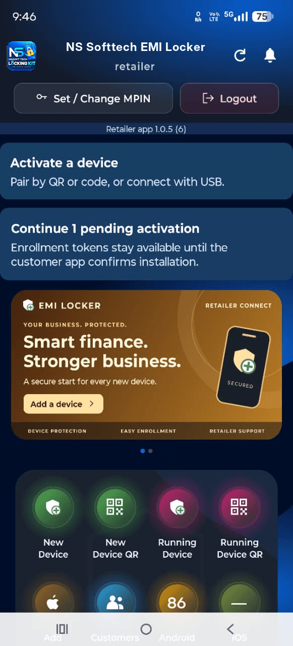 NS SoftTech EMI Locker retailer app home screen with device activation shortcuts