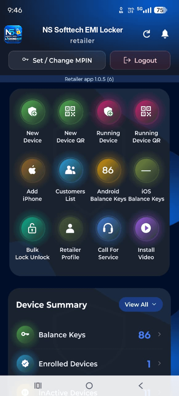 EMI Locker quick action menu showing new device, running device QR, balance keys and bulk lock unlock
