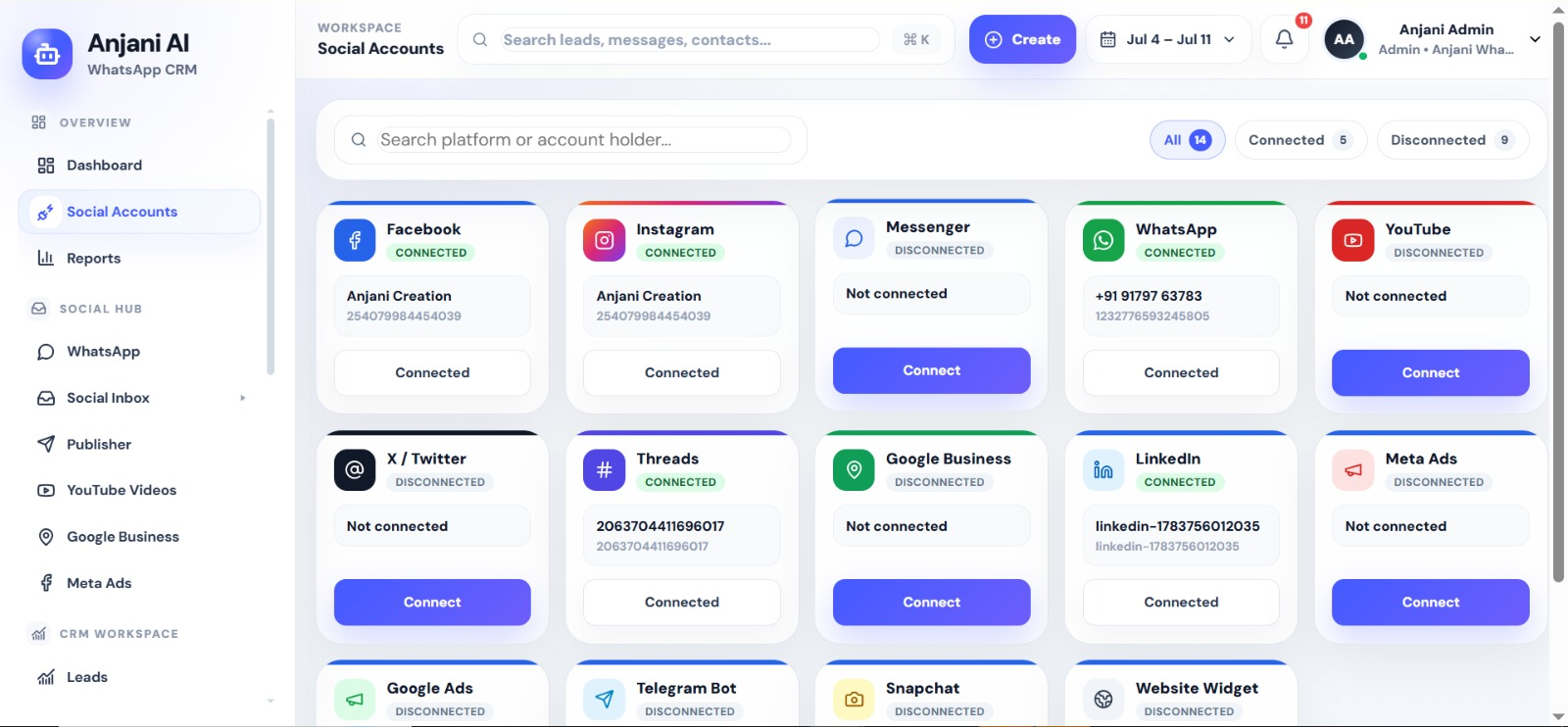 Anjani AI WhatsApp CRM connected social accounts screenshot