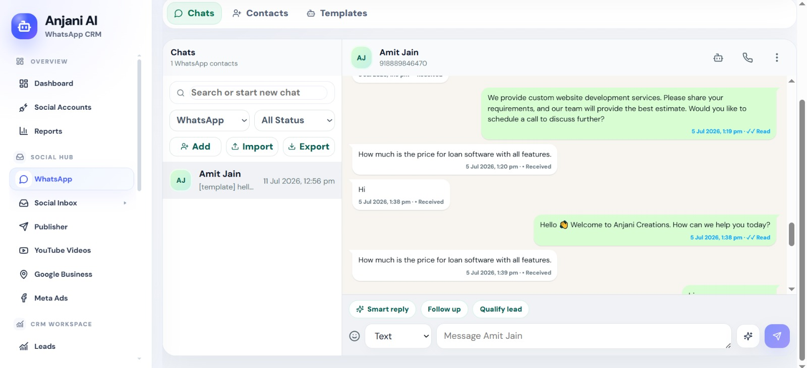 Anjani AI WhatsApp CRM WhatsApp chat workspace screenshot