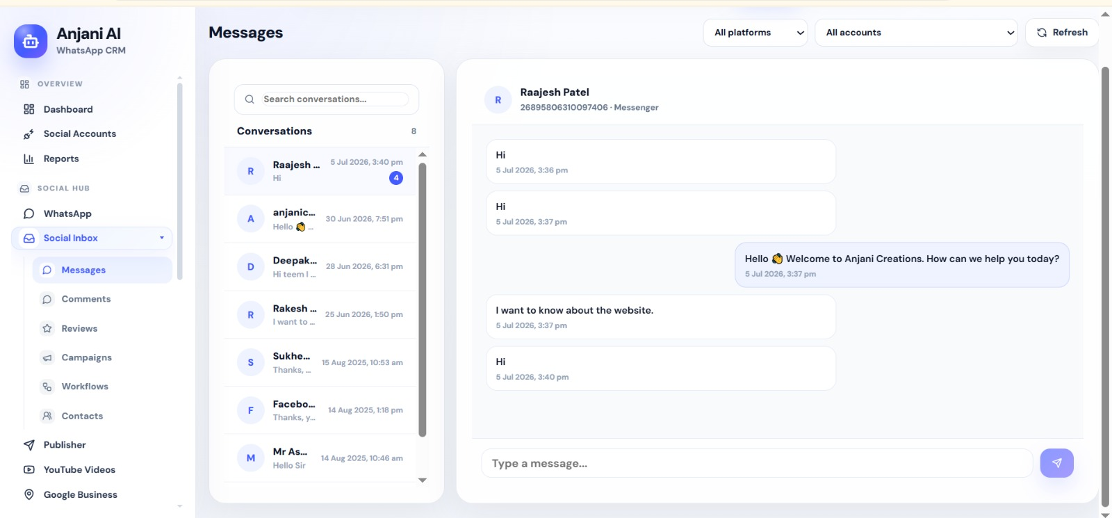 Anjani AI WhatsApp CRM social inbox messages screenshot