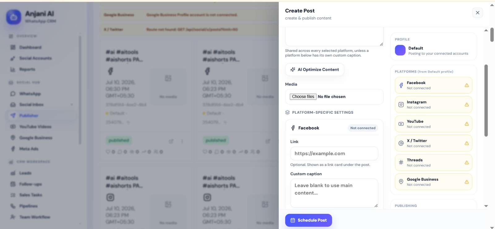 Anjani AI WhatsApp CRM create post publisher screenshot
