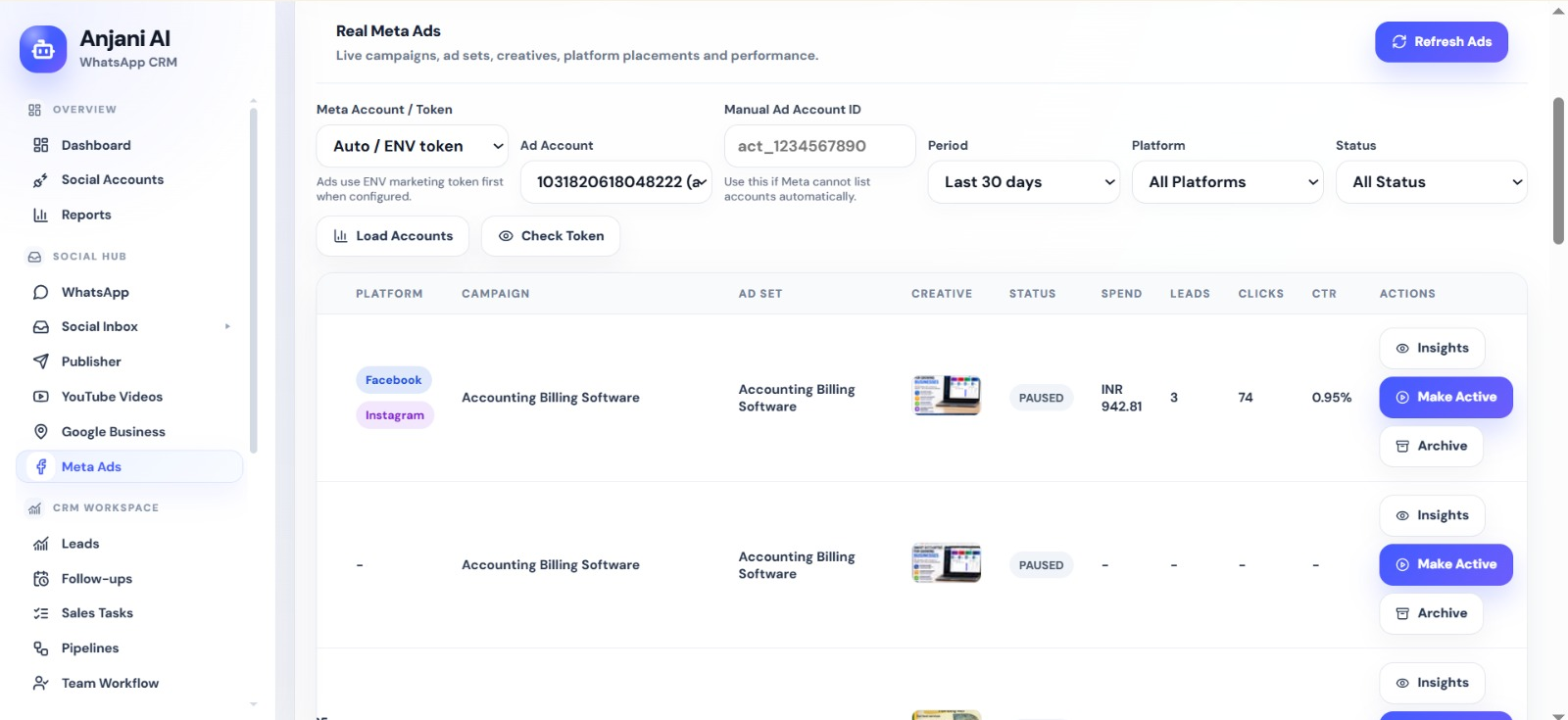 Anjani AI WhatsApp CRM Meta Ads management screenshot