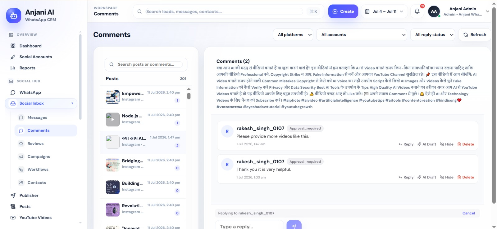 Anjani AI WhatsApp CRM comment management screenshot