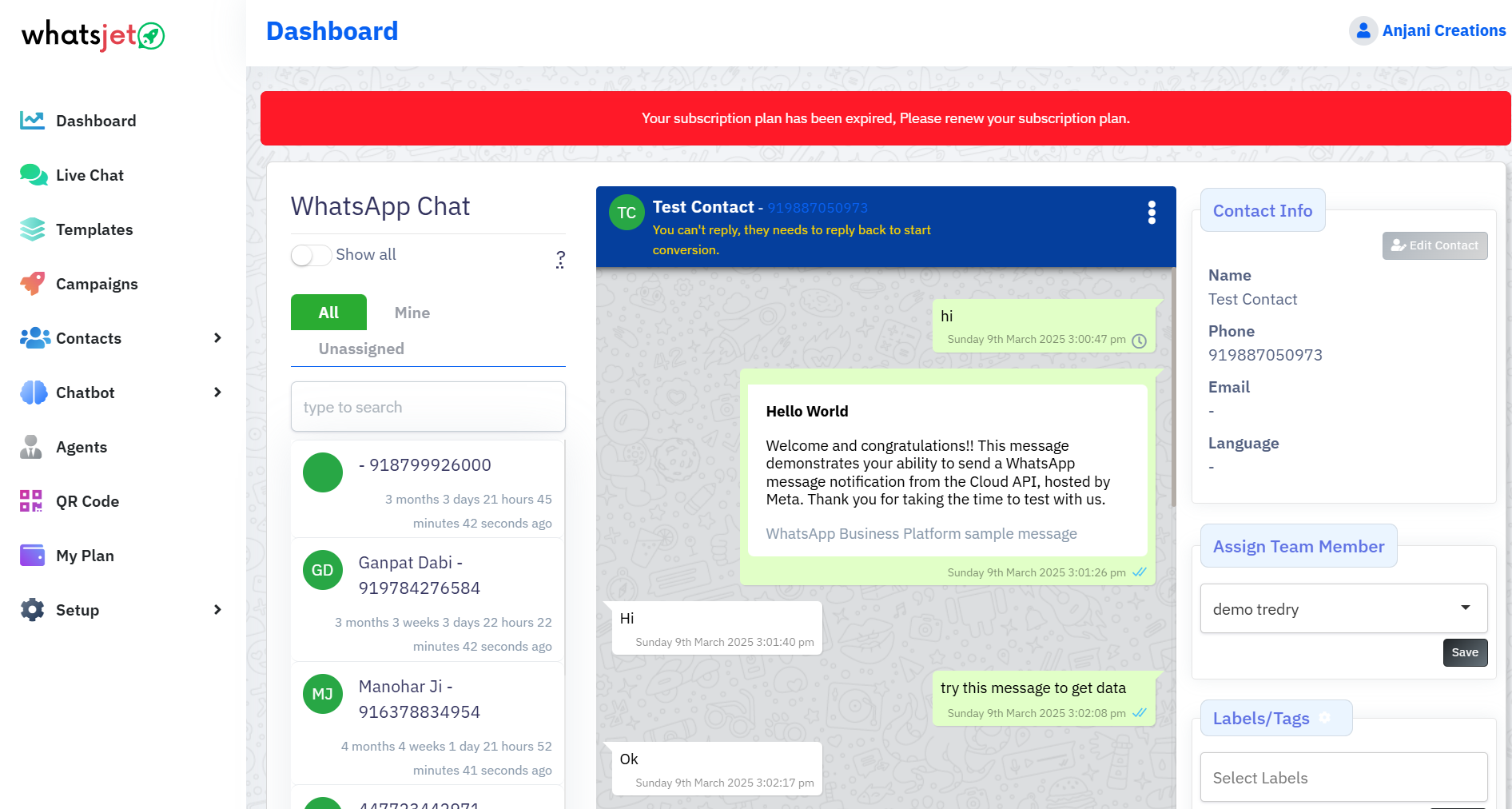 WhatsApp Broadcasting live chat screenshot